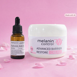 MasksńMore Melanin Control Advanced Barrier Restore Cream and Hyaluronic Acid serum set on a pink background.
