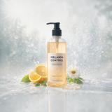 MasksńMore Melanin Control face and body cleansing gel with lemon slices and water splashes for bright, clear skin.